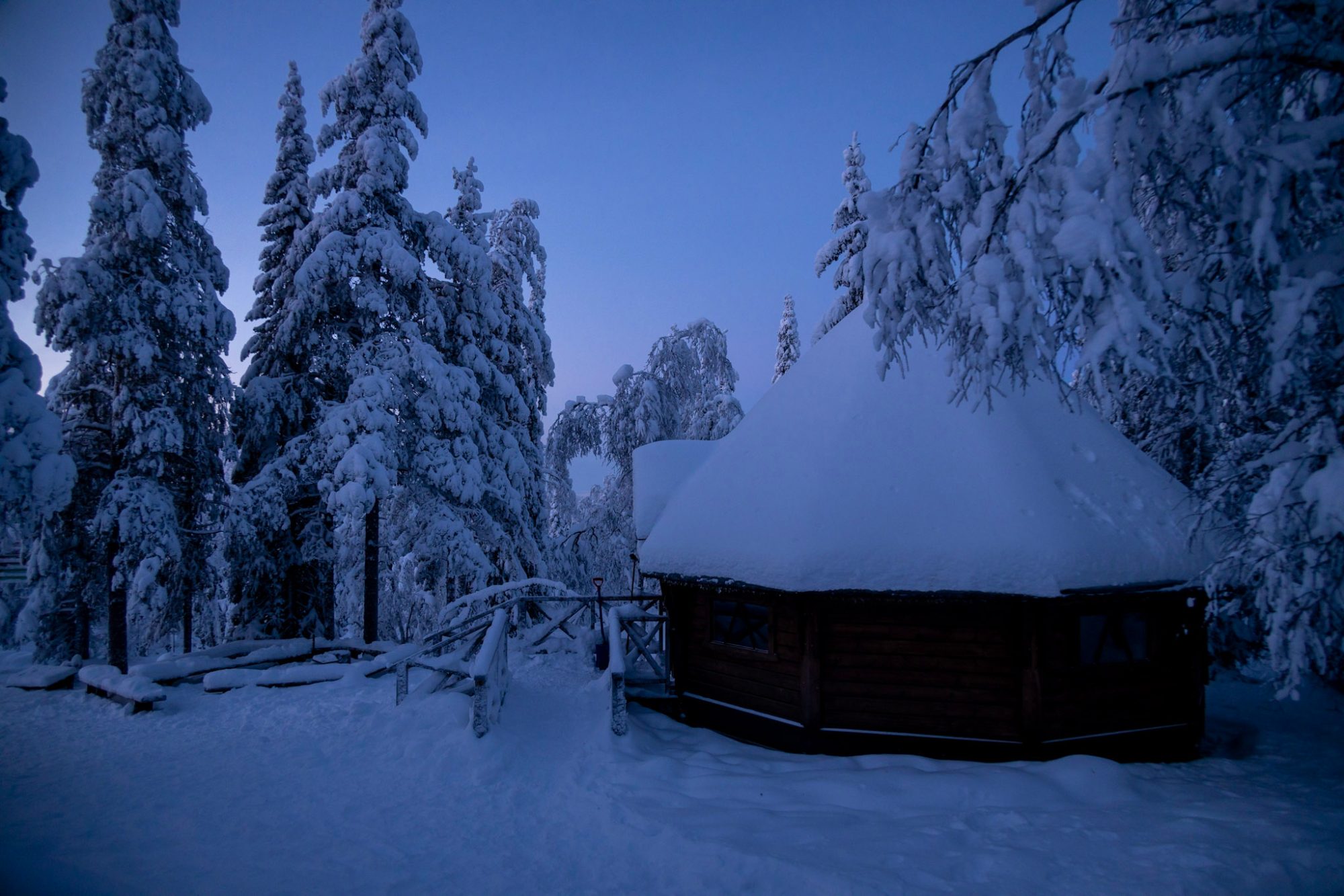Snow-covered kota hut in the forest at blue hour